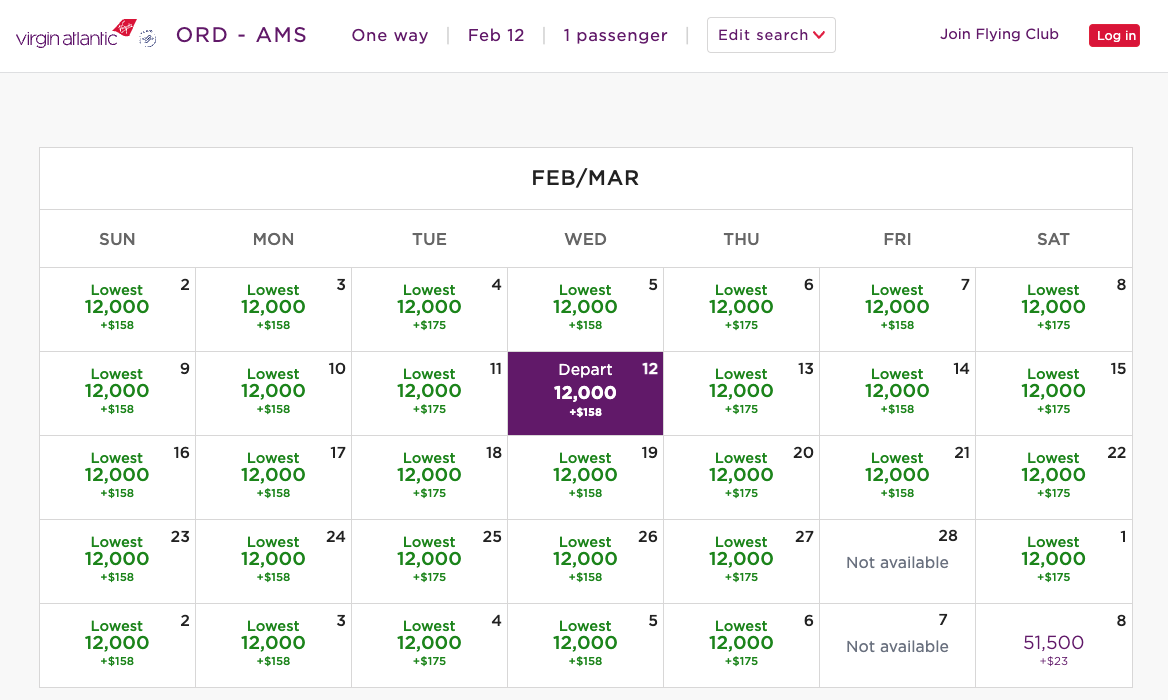 calendar of available Virgin Atlantic flights in february and march